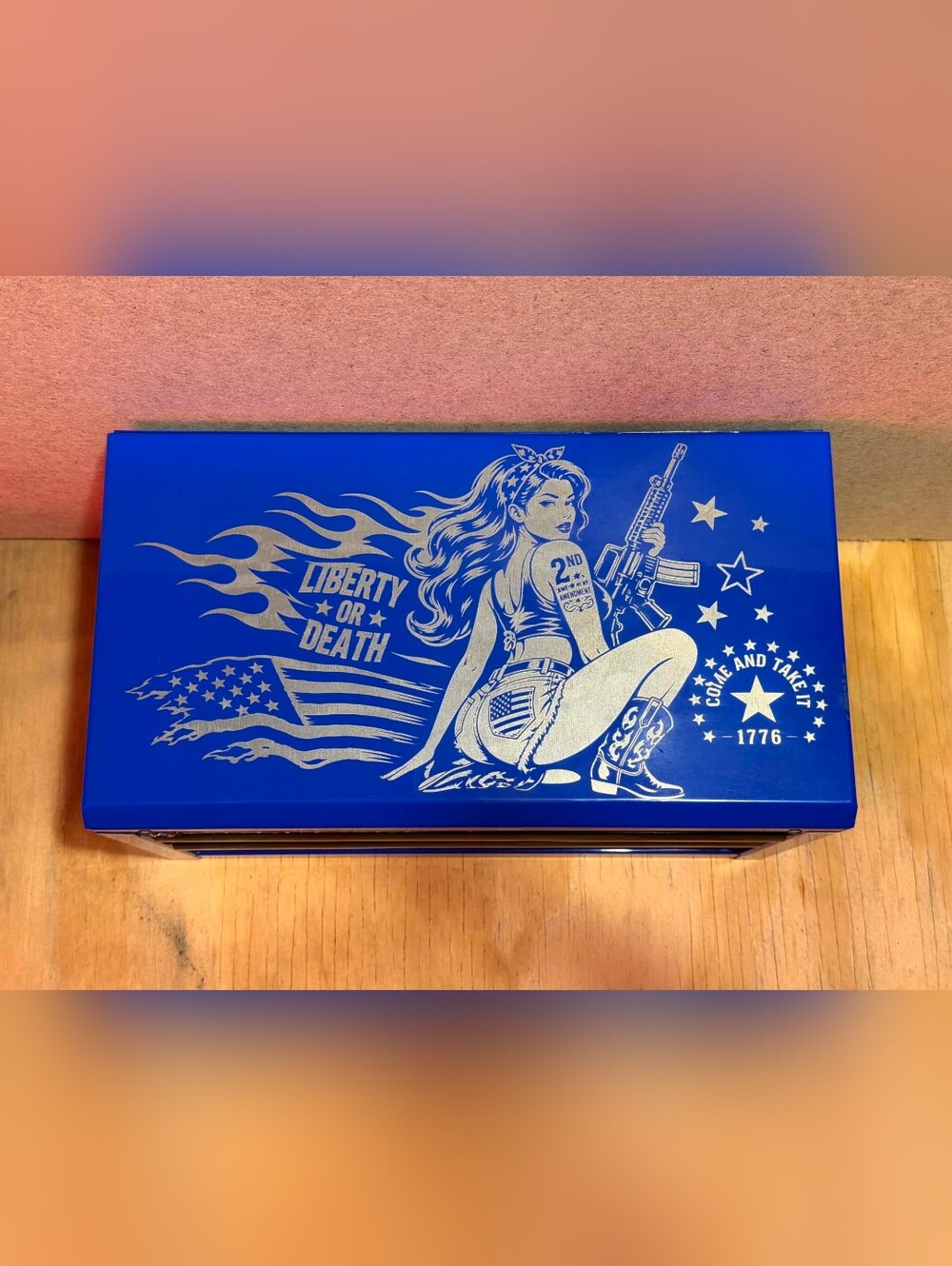NEW Custom Laser engraved Mini Metal tool box Blue 1776 Pin Up Girl